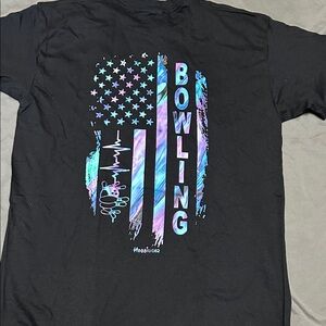Gildan Black Tee with Iridescent Blue-Green-Purple Bowling Flag Graphic
